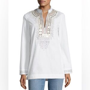 NWT $298 Tory Burch Long-Sleeve Split-Neck Embellished Tory Tunic Size 8